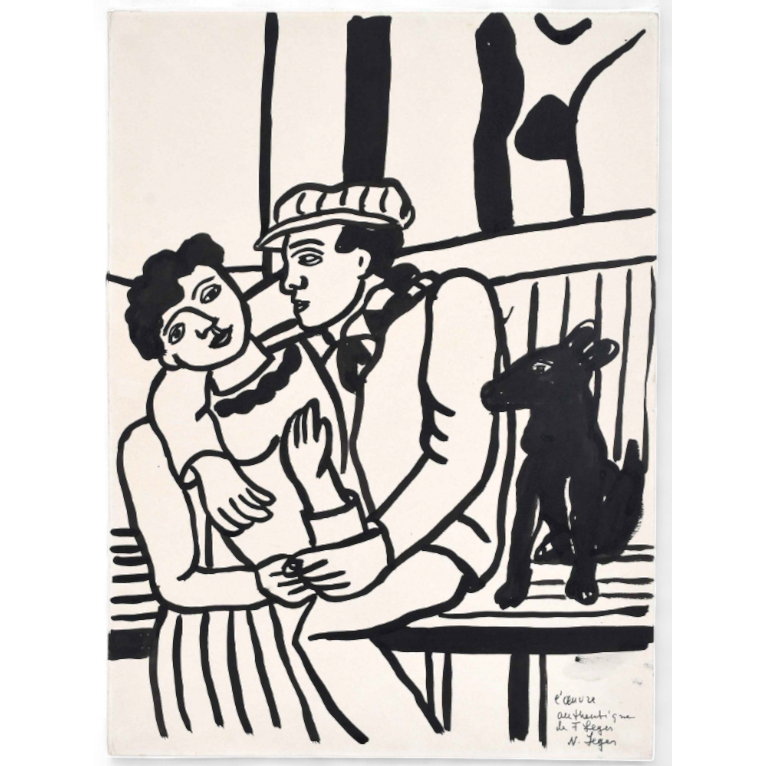Fernand Léger, Les Amoureux, encre sur papier, couple enlacé sur un banc avec un chien. 02