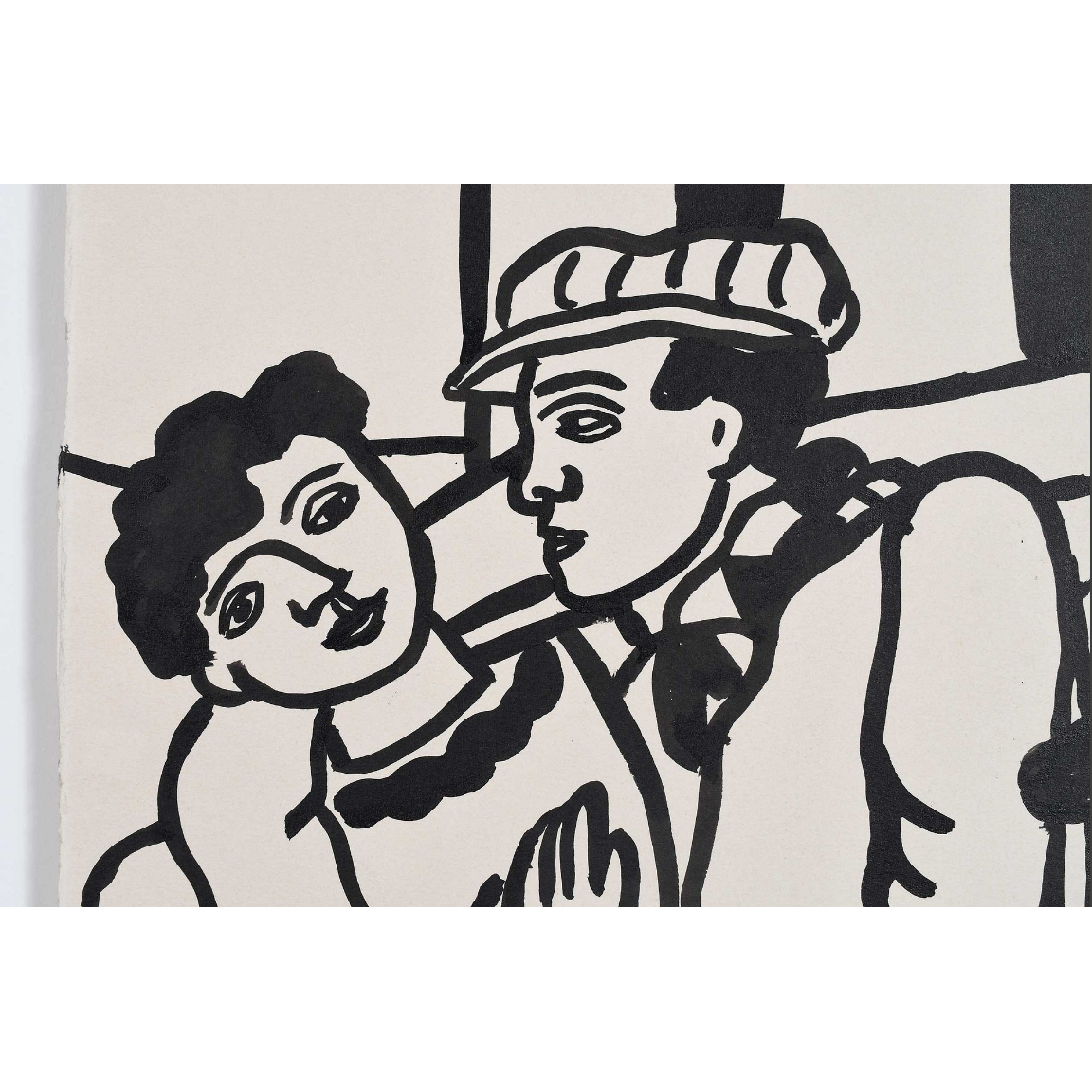 Fernand Léger, Les Amoureux, encre sur papier, couple enlacé sur un banc avec un chien. Détail 03