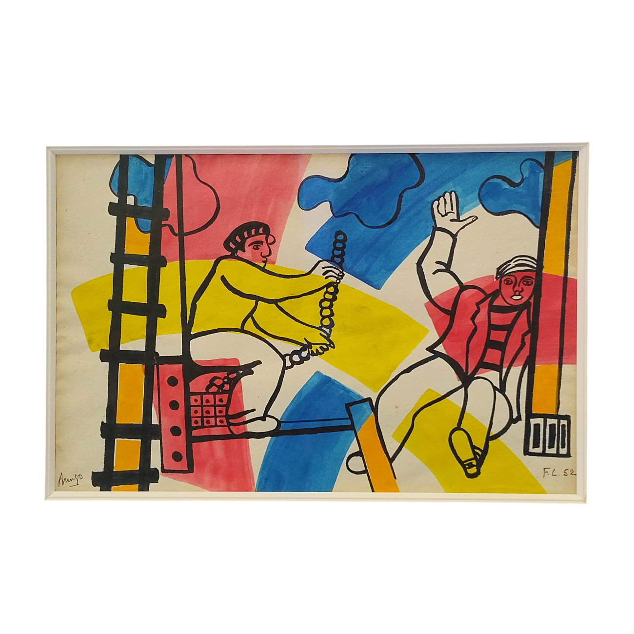 Fernand Léger, Les Constructeurs, 1952, gouache sur papier, deux ouvriers sur une charpente aux couleurs vives. 01