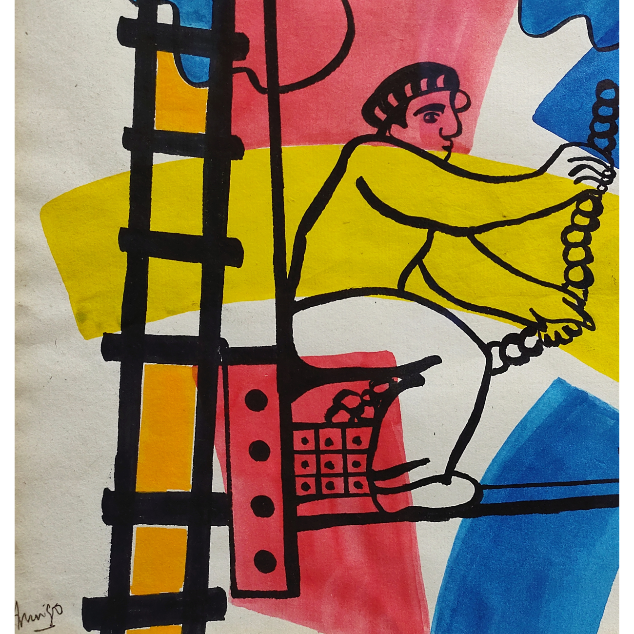 Fernand Léger, Les Constructeurs, 1952, gouache sur papier, deux ouvriers sur une charpente aux couleurs vives. 02