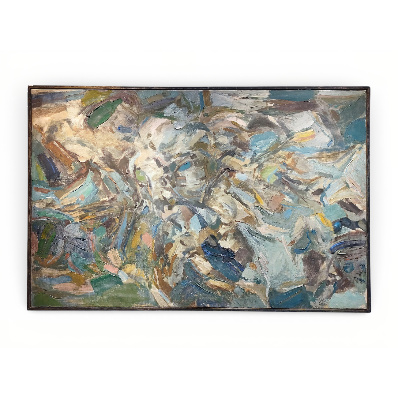Peinture abstraite de Shafic Abboud, huile sur toile aux tons bleus, verts et ocres, composée de larges touches gestuelles formant une composition vibrante et lumineuse.