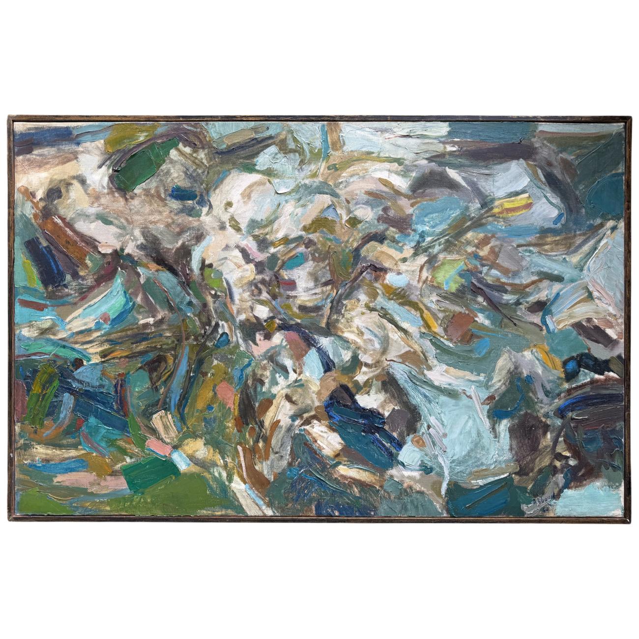 Peinture abstraite de Shafic Abboud, huile sur toile aux tons bleus, verts et ocres, composée de larges touches gestuelles formant une composition vibrante et lumineuse.