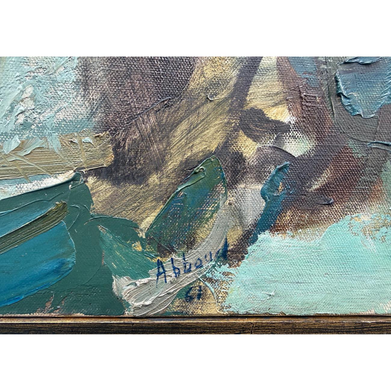 Peinture abstraite de Shafic Abboud, huile sur toile aux tons bleus, verts et ocres, composée de larges touches gestuelles formant une composition vibrante et lumineuse. Détail signature.