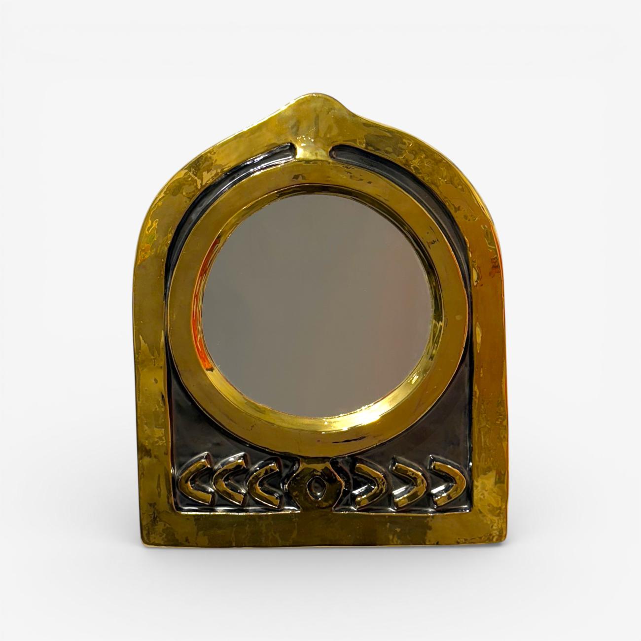 Mithé Espelt mirror, French ceramic and gold decorative mirror, 1960s vintage design, handcrafted wall mirror by Mithé Espelt.