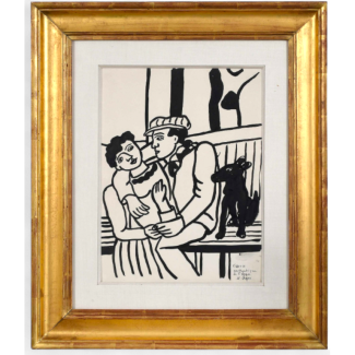 Fernand Léger, Les Amoureux, encre sur papier, couple enlacé sur un banc avec un chien. 01