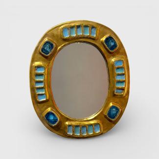 Mithé Espelt mirror, French ceramic and gold decorative mirror with blue glass, 1960s vintage design, Galerie Omagh Paris.