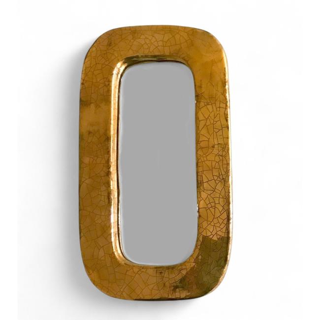 Gilded ceramic oblong mirror by Mithé Espelt, France, circa 1970, with crackled gold glaze and rounded corners