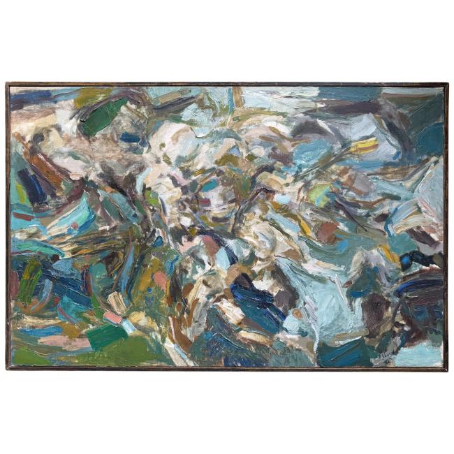Peinture abstraite de Shafic Abboud, huile sur toile aux tons bleus, verts et ocres, composée de larges touches gestuelles formant une composition vibrante et lumineuse.